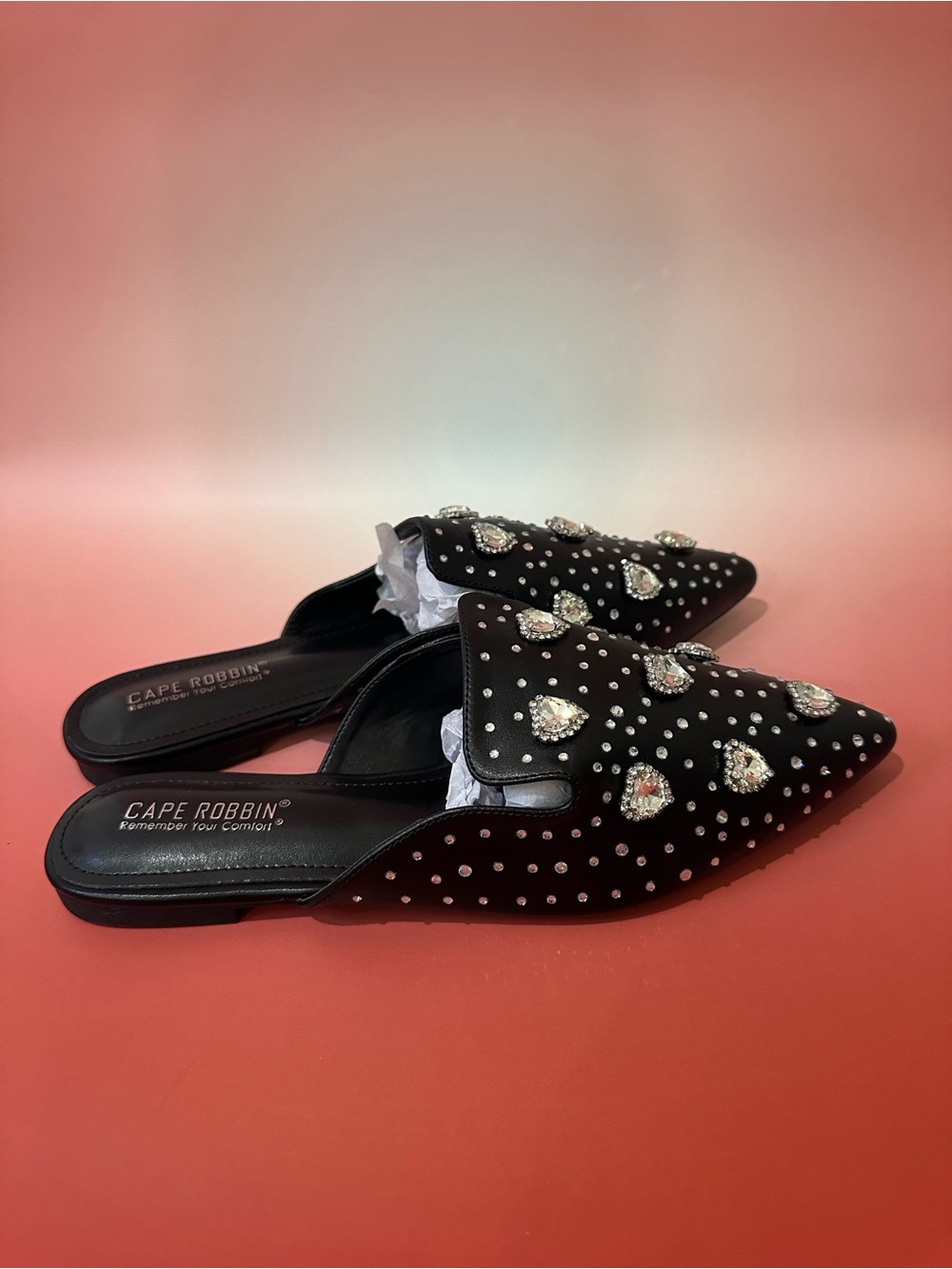 Cape Robbin Black Embellished Pointed Mules with Rhinestone Hearts
